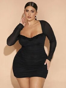 SHEIN BAE 大码秋冬优雅派对甜美性感女士棕色拼色蕾丝领口褶皱迷你连衣裙派对装万圣节派对圣诞派对感恩节女装秋季服装秋季女装节日连衣裙优雅连衣裙感恩节女装感恩节服装圣诞服装圣诞派对礼服感恩节礼服，毕业礼服 - 黑色 - 查看 1