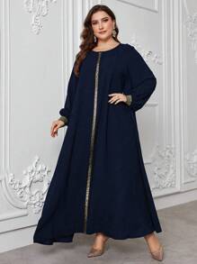 Al Najma 宽松圆领阿拉伯大码女式连衣裙，优雅朴素的阿拉伯长袍，适合日常休闲 - 藏蓝色 - 查看 6