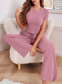 Solid Tee & Tie Waist Wide Leg Trousers Lounge Set - Dusty Pink - View 4