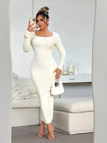 SHEIN SXY 秋冬圆领粗针织杏色长袖连衣裙 - 米色 - 查看 3