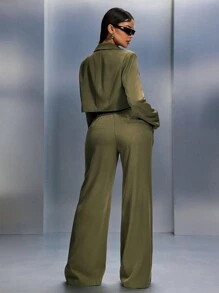 SHEIN SXY 2pcs/Set Green Suit, Loose Fit Cropped Jacket + Wide-Leg Pants, Autumn/Winter & Early Spring