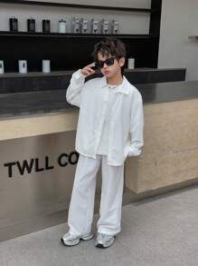 SHEIN Buy 2 Get 1 Free: Tween Boy Casual Korean Style Loose Fit Comfortable, Fashionable & Versatile Long Sleeve Collared Shirt, Button Down Blouse, Textured Vest And White Long Pants Outfit Set, Suitable For Back To School, Daily Wear, Travel, Sports, Autumn/Winter - White - View 5