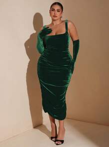 SHEIN BAE Plus Size Fall Sweet And Elegant Woman Black Velvet Large Square Collar Gathered Mid-Length Dress, Suitable For Night Parties And Formal Banquets Fall Wedding Guest Dress Homecoming Dresses