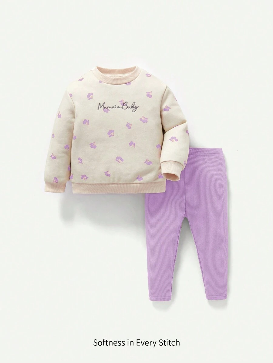 Cozy Pixies Baby Girl Floral Pattern Round Neck Drop Shoulder Sweatshirt And Skinny Pants 2pcs Set - Purple - View 1
