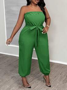 Slaydiva Mono informal de unicolor de talla grande para mujer, con estilo halter, cinturón, bolsillos y piernas acampanadas