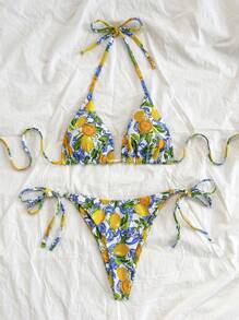 Soleia Women's Lemon Fruit Print Tie-Up Bikini Two Pieces Set, Swim Suits For Women, Vacation Outfit Women, Summer Outfits For Women, Beach Outfits For Women, Cute, Kawaii