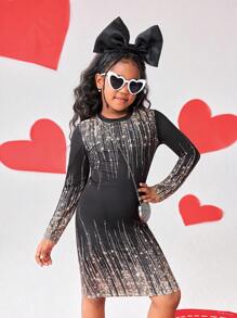 Vestido negro de manga larga con cuello redondo, degradado y brillo, con estampado gráfico para niñas preadolescentes. Bellamente diseñado, adecuado para todas las estaciones, eventos formales, salidas y para ir a juego