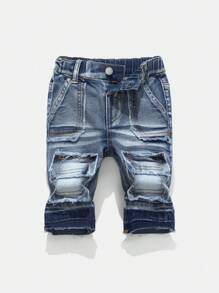SHEIN Pantalones cortos vaqueros azules de niño con lavado desgastado retro, bolsillos con ribetes crudos, y efecto bigotes de gato, elásticos, para ropa de niños de primavera/verano y atuendos de estilo urbano
