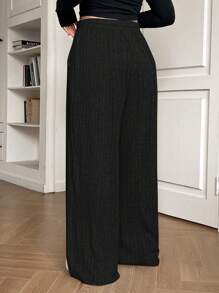SHEIN EZwear Plus Size Women Solid Color Drawstring Waist Ribbed Wide Leg Loose Casual Pants - Black - View 5