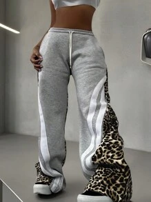 INAWLY 大码豹纹拼接高街休闲运动裤，腰部抽绳，百搭嘻哈风格