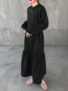 FRIFUL Women's Waist Cinching Solid Color Splice Mid-Length Dress - Black - View 2