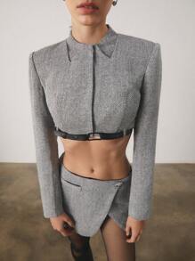 SHEIN Unity 女式人字纹长袖短款上衣和侧开衩下摆中长裙两件套服装，时尚 - 灰色 - 查看 5