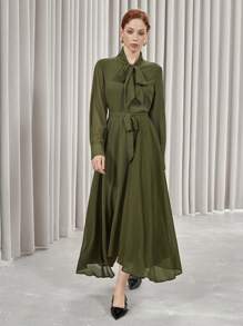 Aveloria Modichic Women's Bohemian Style Chiffon Ruffle Hem Front Tie Midi Dress Fall Cloth For Women - Army Green - View 1