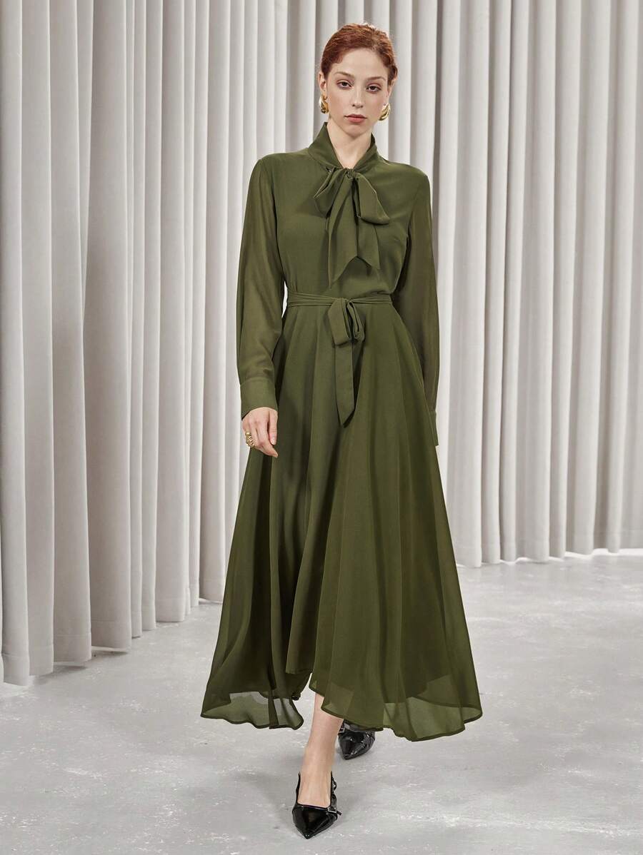 Aveloria Modichic Women's Bohemian Style Chiffon Ruffle Hem Front Tie Midi Dress Fall Cloth For Women - Army Green - View 1