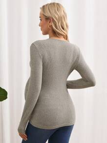 SHEIN Pregnant Women Solid V-Neck Long Sleeve Slim Fit Casual Top