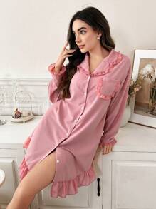 女士雪纺荷叶边领开衫睡衣裙 - 粉色 - 查看 5
