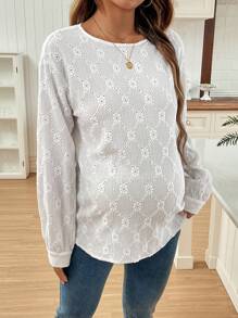 SHEIN Maternity Casual Solid Color Hollow Out Embroidery Drop Shoulder T-Shirt, Autumn - White - View 4