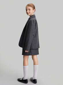 Ontre Tween Girls Casual Reversible Collared Jacket And Shorts 2 Pieces Set - Dark Grey - View 2