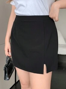 Dazy Petite Plus Plain A-Line Mini Skirt With Side Slit, Short Hem, Black, All Seasons