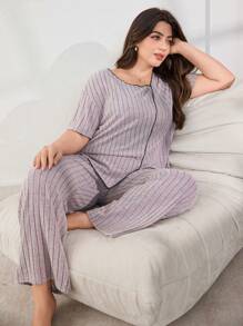 Soft Fabric Ribbed Contrast Trim Loungewear Pajama Set - Pink - View 6