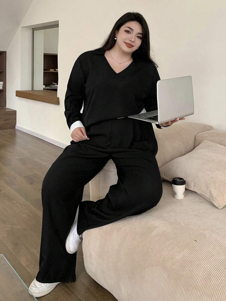 Dazy Plus 2pcs Plus Size Women Autumn V-Neck Contrast Color Long Sleeve Top And Pants Casual Outfit,Fall Women Clothes Lounge Sets For Women