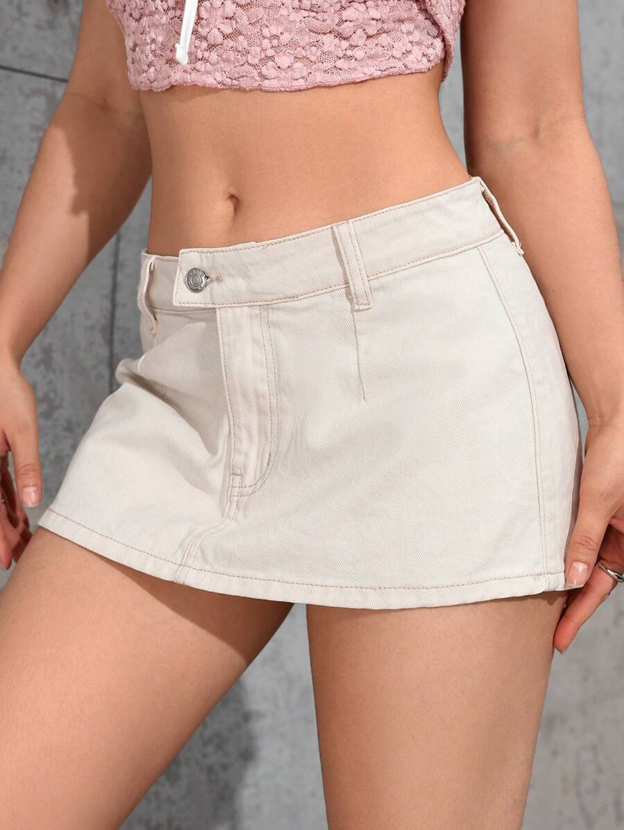 SHEIN ICON Women's Casual Short Denim Skirt With Front Overlap Design