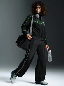 Powerista 女士字母条纹印花拉链宽松运动夹克 - 黑色 - 查看 4