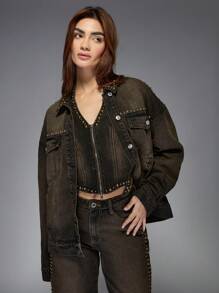 MISSGUIDED Designer Studded Trucker Jacket Western Edgy Fall Winter Fashion Rockstar Street Style Oversized Statement Distressed Premium Party Outerwear