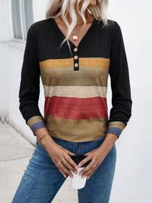 SHEIN Tall 女式 V 领纽扣长袖条纹印花拼布休闲针织 T 恤，随机印花图案 T 恤女式春季上衣 - 彩色 - 查看 8