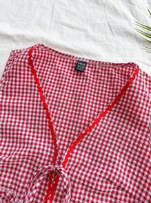 Soleia Plus Size Women Boho Summer Vacation Woven Red & White Plaid V-Neck Sleeveless Front Tied Top - Red and White - View 7