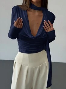 Aloruh Elegant Shirred Neck Long Sleeve Fitted Women T-Shirt