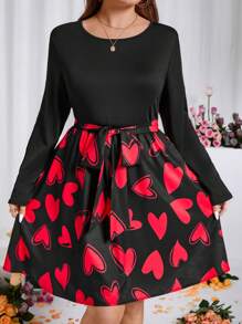 SHEIN Clasi Plus Size Heart Print Round Long Sleeve Belted Dress, For Spring, Valentine's Day - Red - View 1