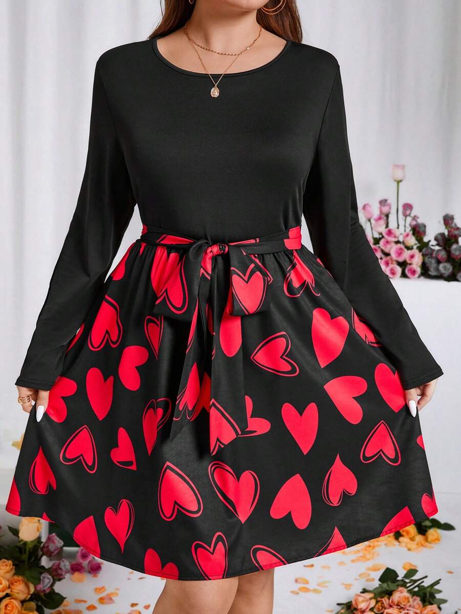 SHEIN Clasi Plus Size Heart Print Round Long Sleeve Belted Dress, For Spring, Valentine's Day - Red - View 1