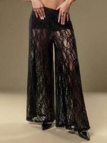 SHEINNeu Pantaloni bianchi dritti e sexy in pizzo a patchwork con elastico in vita