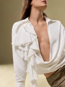 SHEIN Unity Damen elegante und sexy einfarbige Bluse mit drapiertem Kragen und Rüschen, Herbst