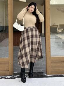 Dazy Plus Elastic Waist Plaid Mid-Length A-Line Pleated Skirt, Loose School Style, All Seasons