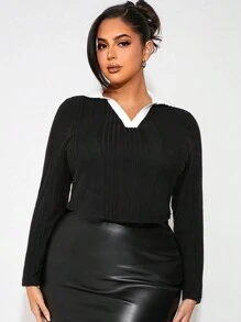 SHEIN SXY Camiseta negra de talla grande con cuello blanco en contraste, 2 en 1 - Negro - Ver 1