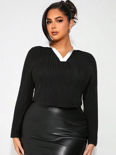 SHEIN SXY 大码女式撞色白领二合一黑色 T 恤