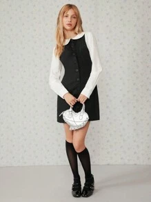 Easelle 女式彼得潘领长袖衬衫式修身短裙 - 黑與白 - 查看 5