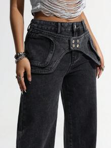 SHEIN Jeanoir Mujeres Jeans de pierna acampanada informal con diseño de panel de cintura, jeans de pierna recta versátiles