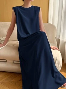 Heiryn Váy phong cách Ả Rập không tay màu trơn cho nữ - Màu xanh hải quân - Xem 5