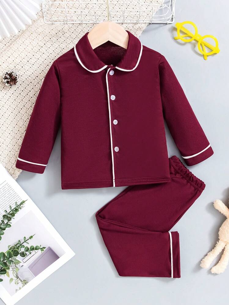 2pcs Baby Girl Burgundy Single Button Cardigan With Long Pants Homewear Set, Lightweight For Spring And Summer - Burgundy - View 1