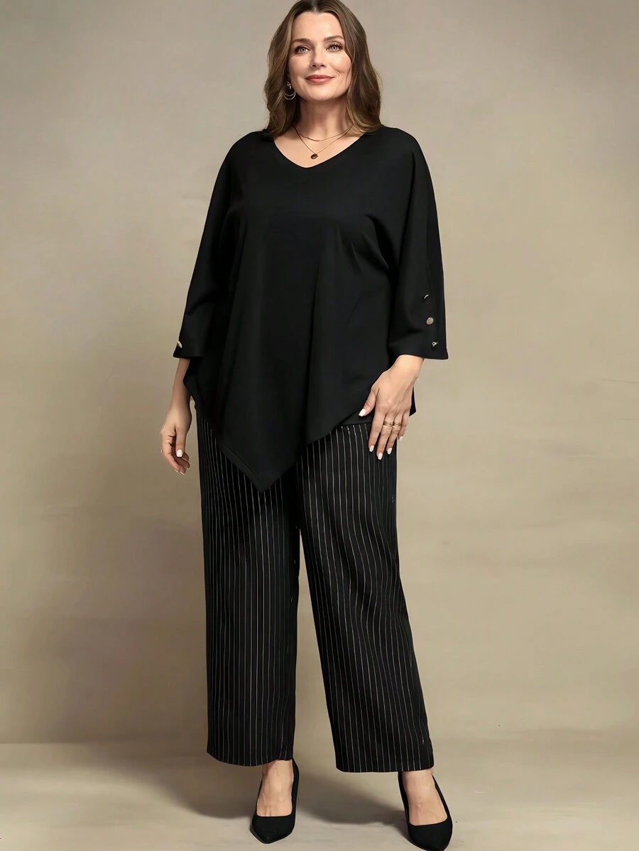SHEIN Clasi 2pcs Plus Size Women Set, Elegant Cape Top & Foil Striped Pants - Black - View 1