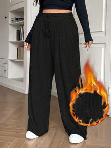 SHEIN EZwear Plus Size Women Solid Color Drawstring Waist Ribbed Wide Leg Loose Casual Pants - Black - View 6