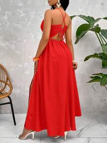 SOLERSUN Crisscross Tie Backless Halter Swing Dress For New Year Clothes Maxi Women Outfit - Red - View 2
