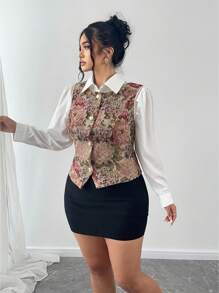 Celure Plus Size Women Floral Print Single-Breasted Fashion Vest Jacket - Multicolor - View 6