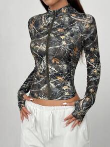 StreetHx Women's Print Zip-Up Stand Collar Fitted Jacket, Suitable For Spring And Autumn