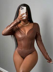 Slaydiva Women's Fashion Sexy Low-Cut PU Leather Long Sleeve Bodysuit - Brown - View 5