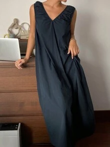 Livesso Vestido largo sin mangas con diseño de pliegues simples para uso doméstico