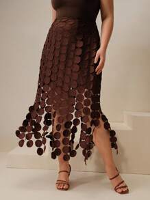 Anewsta Plus Size Women Korean Style Circular Pendant Decor A-Line Skirt - Brown - View 3